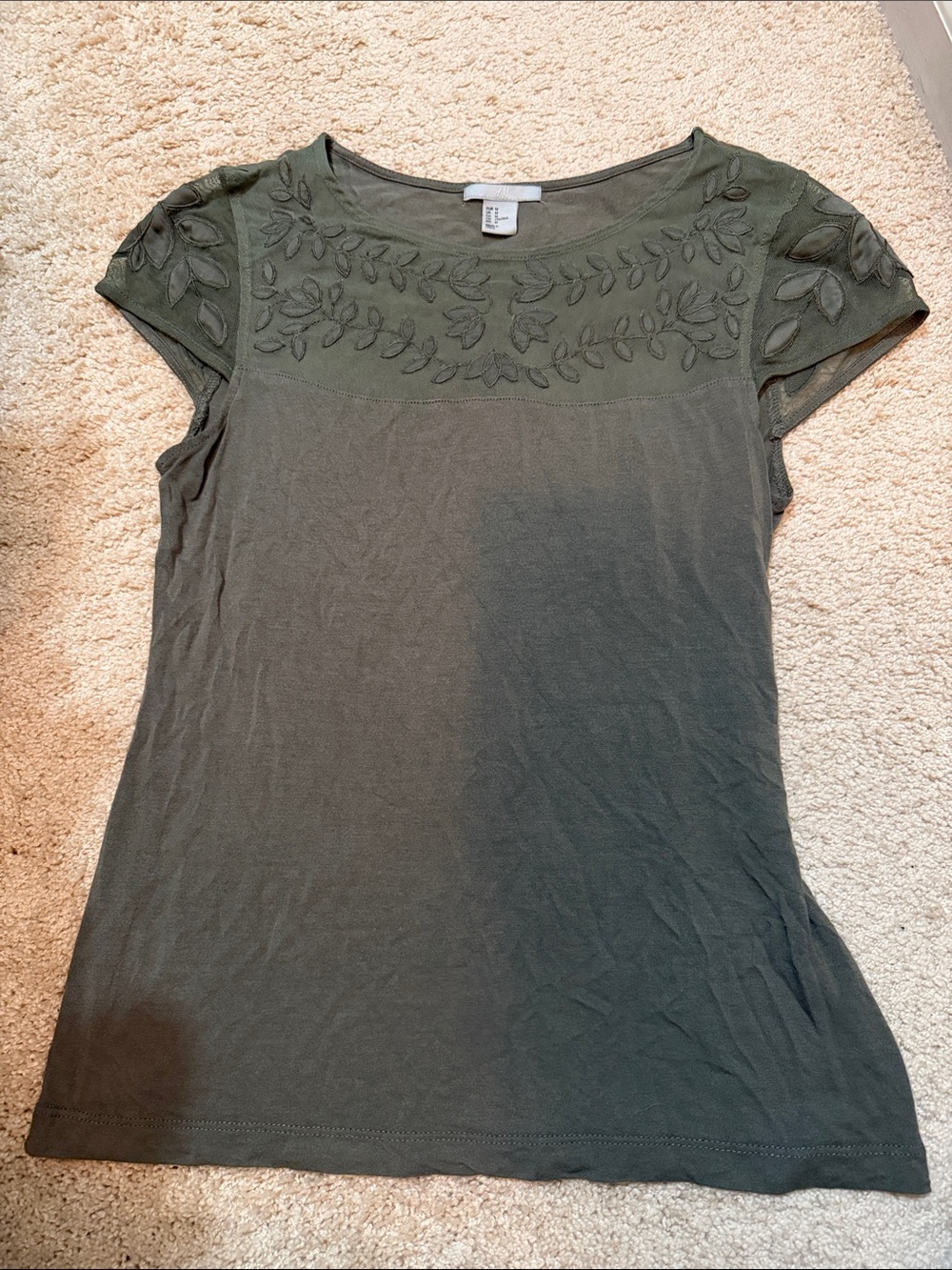 H&M Olive Green Cap-Sleeve Embroidered Women's Top